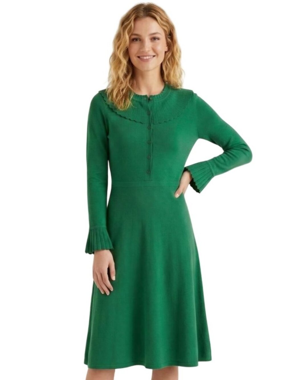 Boden Abercorn Knitted Dress Conifer Green Midi Sweater Cotton Wool Size 8R